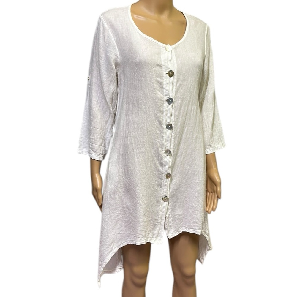 Linen Italy White Asymmetrical Hem Button Front Roll Tab Sleeve Tunic Top Small